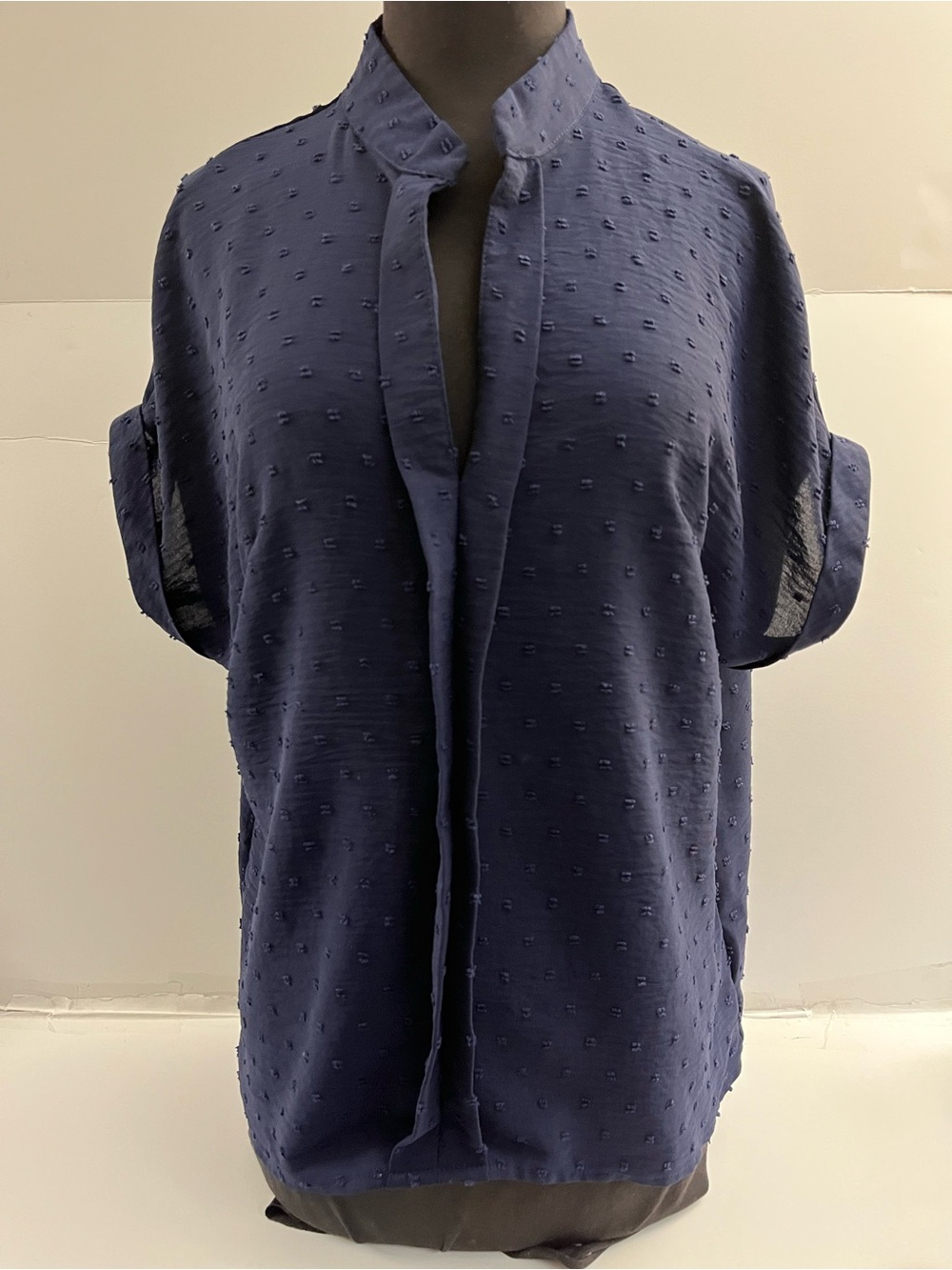 SHEIN Navy Blue Textured Split-Neck Short Sleeve Blouse